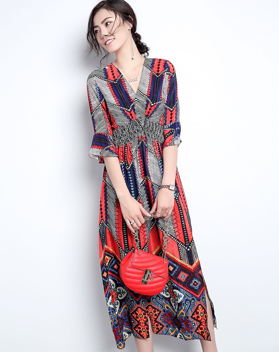 时尚新款印花v领修身腰节打揽中长裙连衣裙