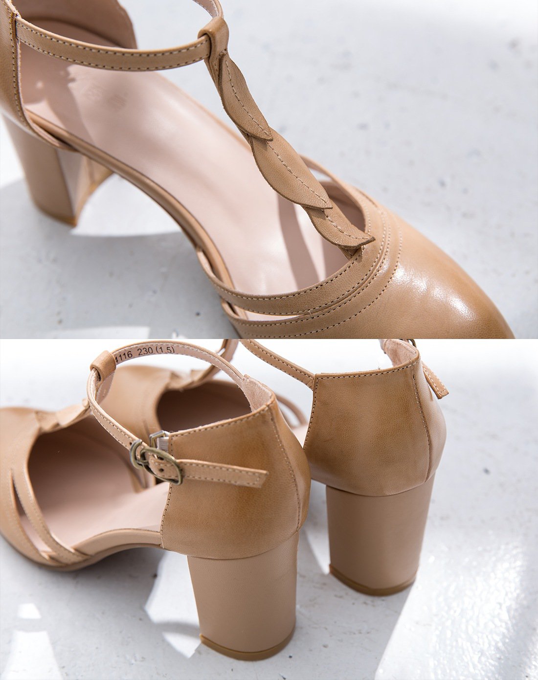 茵曼18年一字扣圆头凉鞋中空女粗跟中高跟鞋