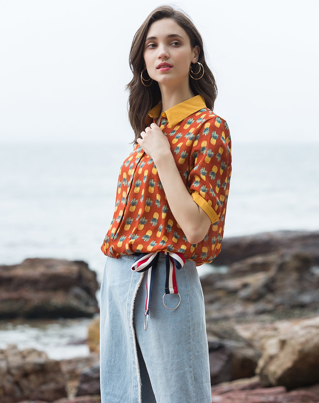 fashion tv collection潮流时尚水果图案真丝衬衫ftva53ks55b13457