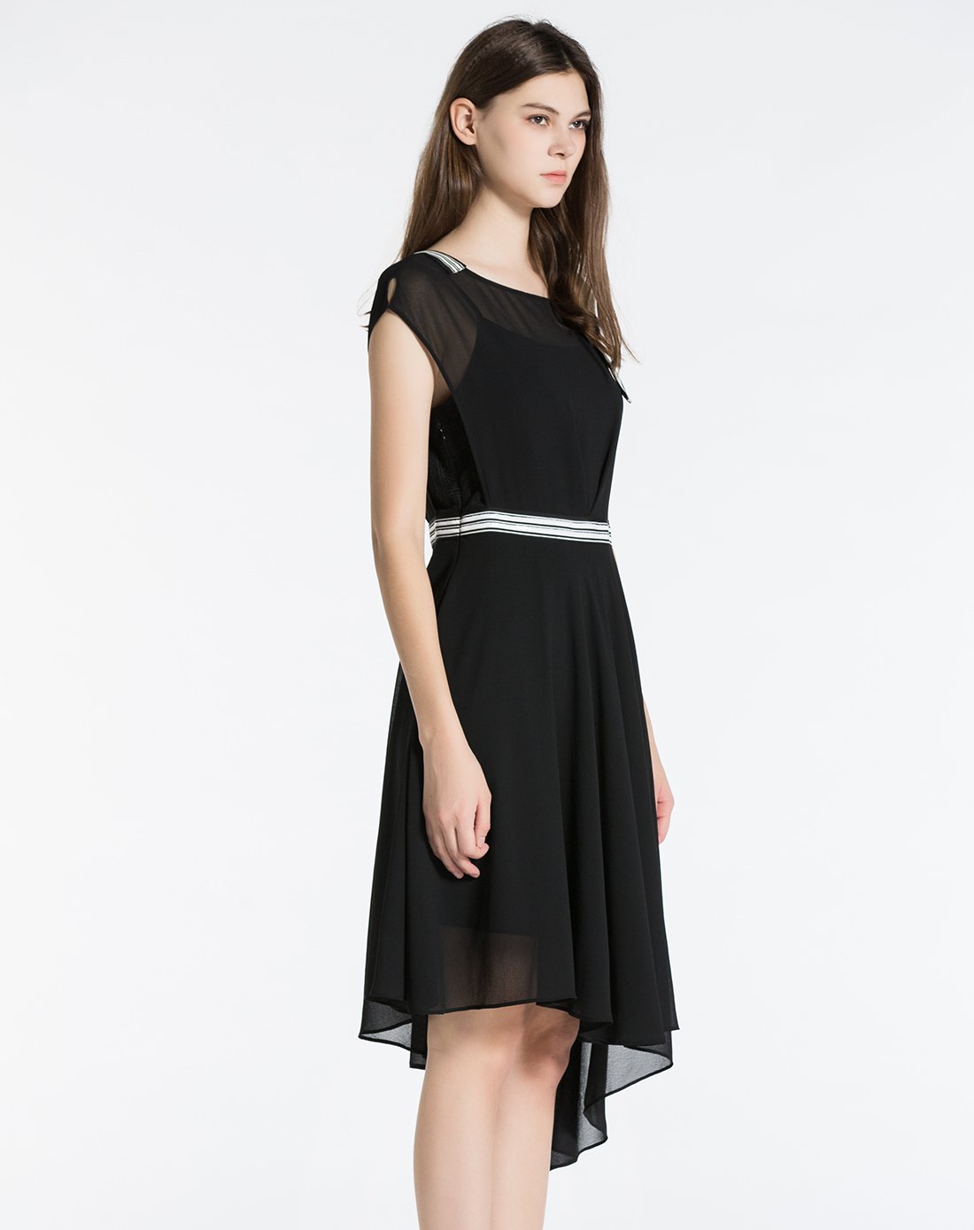 xg特卖旗舰店xg雪歌2018夏季新款淑女优雅网纱透视连衣裙高腰修身条纹