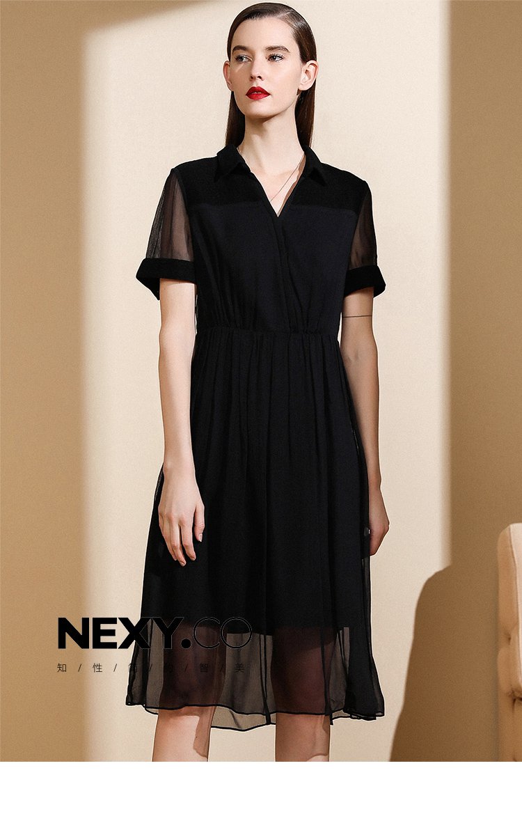 co女装特卖旗舰店奈蔻真丝显瘦气质短袖v领连衣裙大牌名媛小黑裙夏季