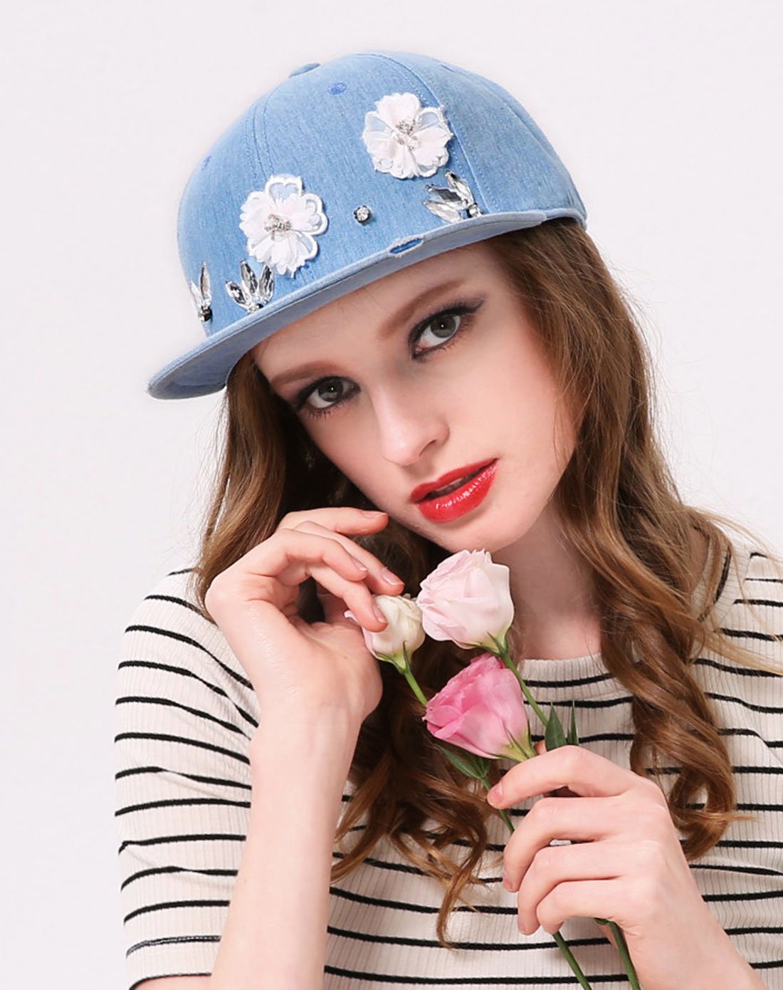 夏季帽子女韩潮时尚钉钻立体花饰平檐帽牛仔帽棒球帽