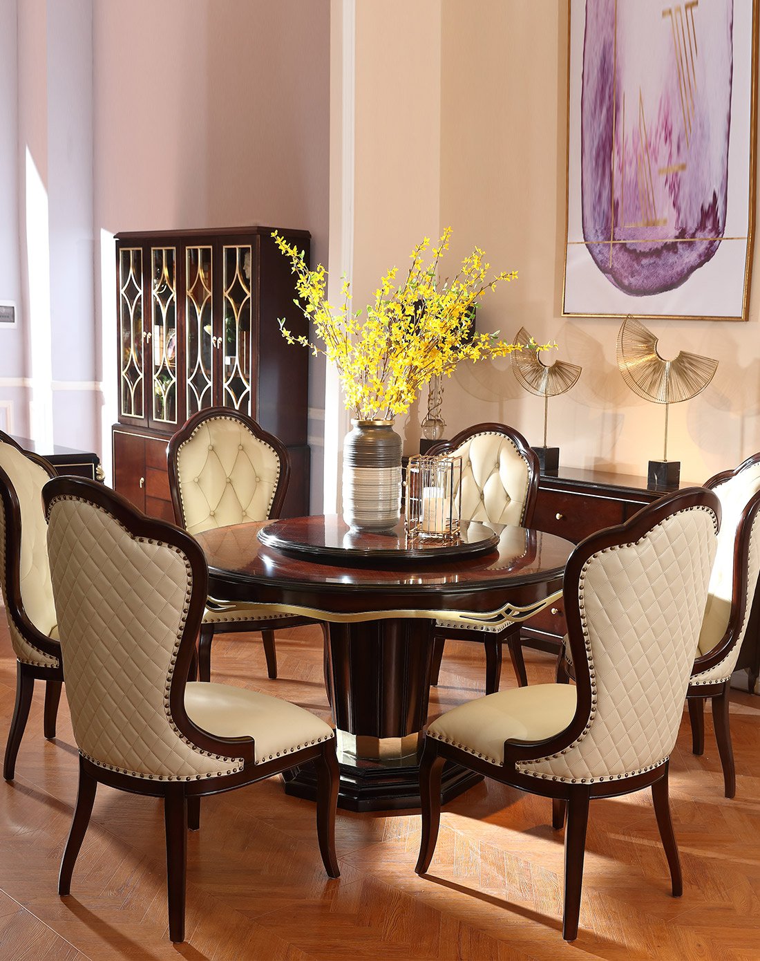 实木餐桌 美式实木现代简约圆形饭桌家用餐厅家具欧式餐桌