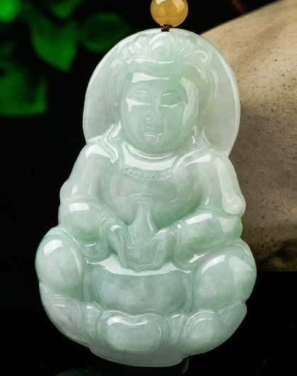 紫气东来 冰糯种浅翠绿正款玉观音翡翠玉吊坠/玉挂件