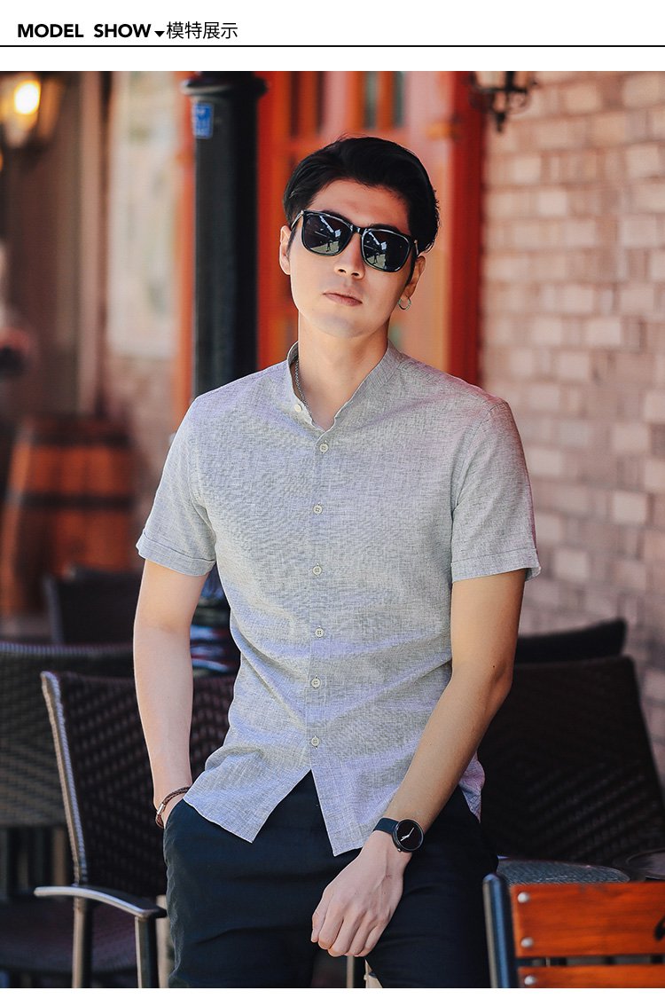 t恤节 你怎么能错过夏季新款休闲立领衬衫男短袖棉麻轻薄透气简约潮流