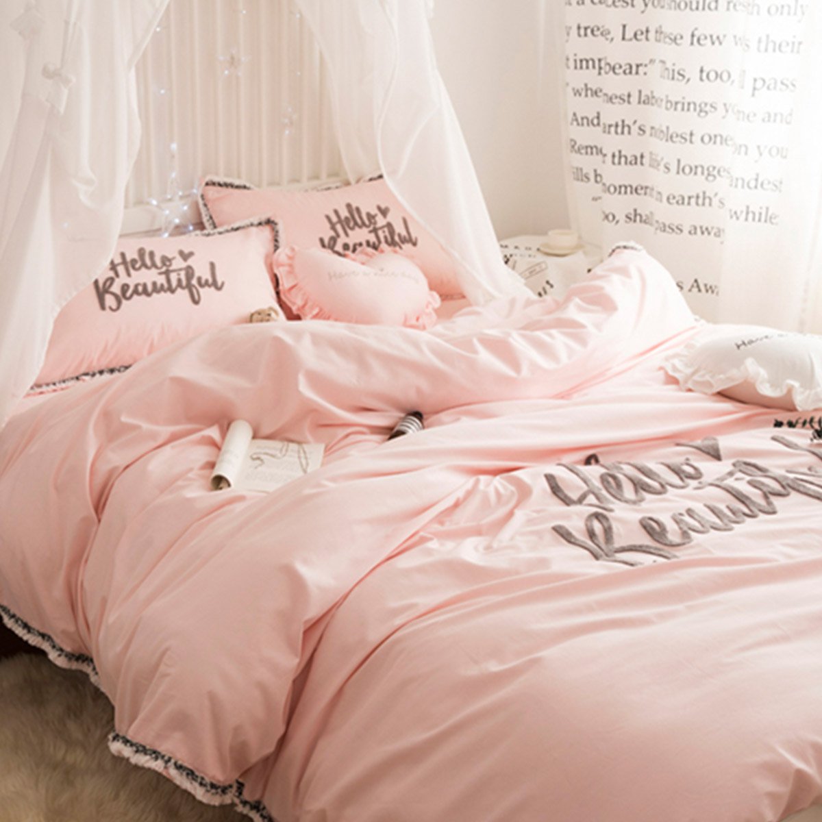 简约绣花纯色床上套件hellobeautiful*粉玉全棉四件套 床上用品被套