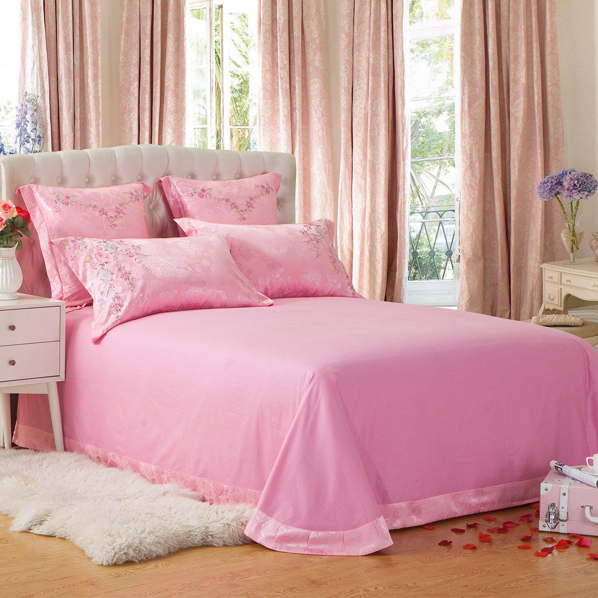 原创结婚家纺床上用品甜蜜粉色韩式公主提花刺绣爱的约定*粉床单式