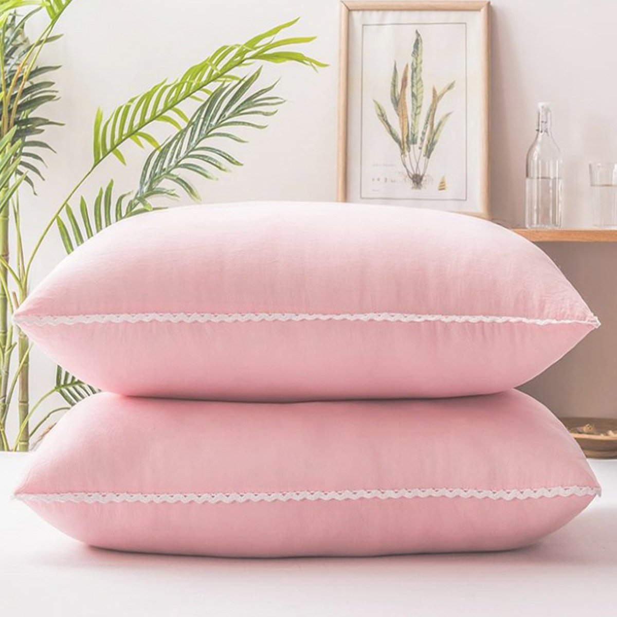 199-100精选特惠家纺集结专场对装亲肤花边粉色舒柔枕芯双只装枕头