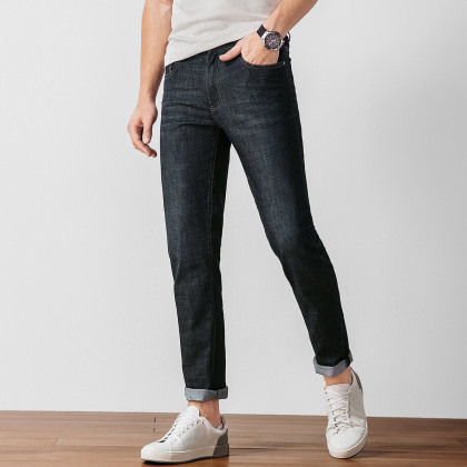 新品时尚青年简约通勤男直筒款修身弹力男士牛仔裤