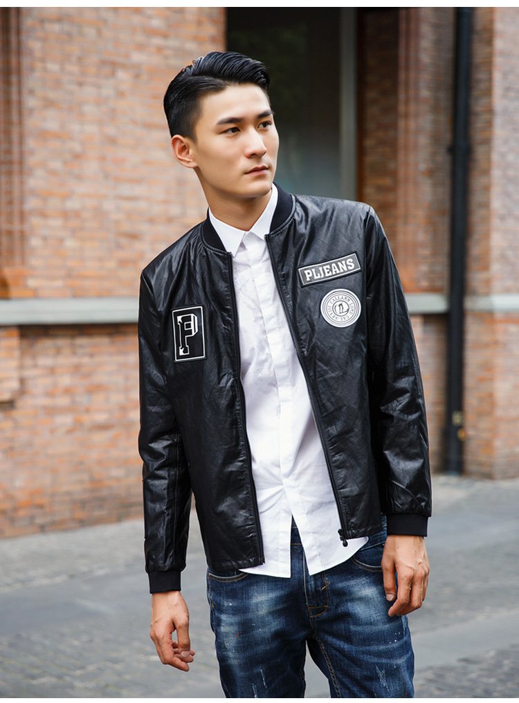 时尚贴章字母立领经典百搭休闲棒球服男士皮衣pu皮夹克