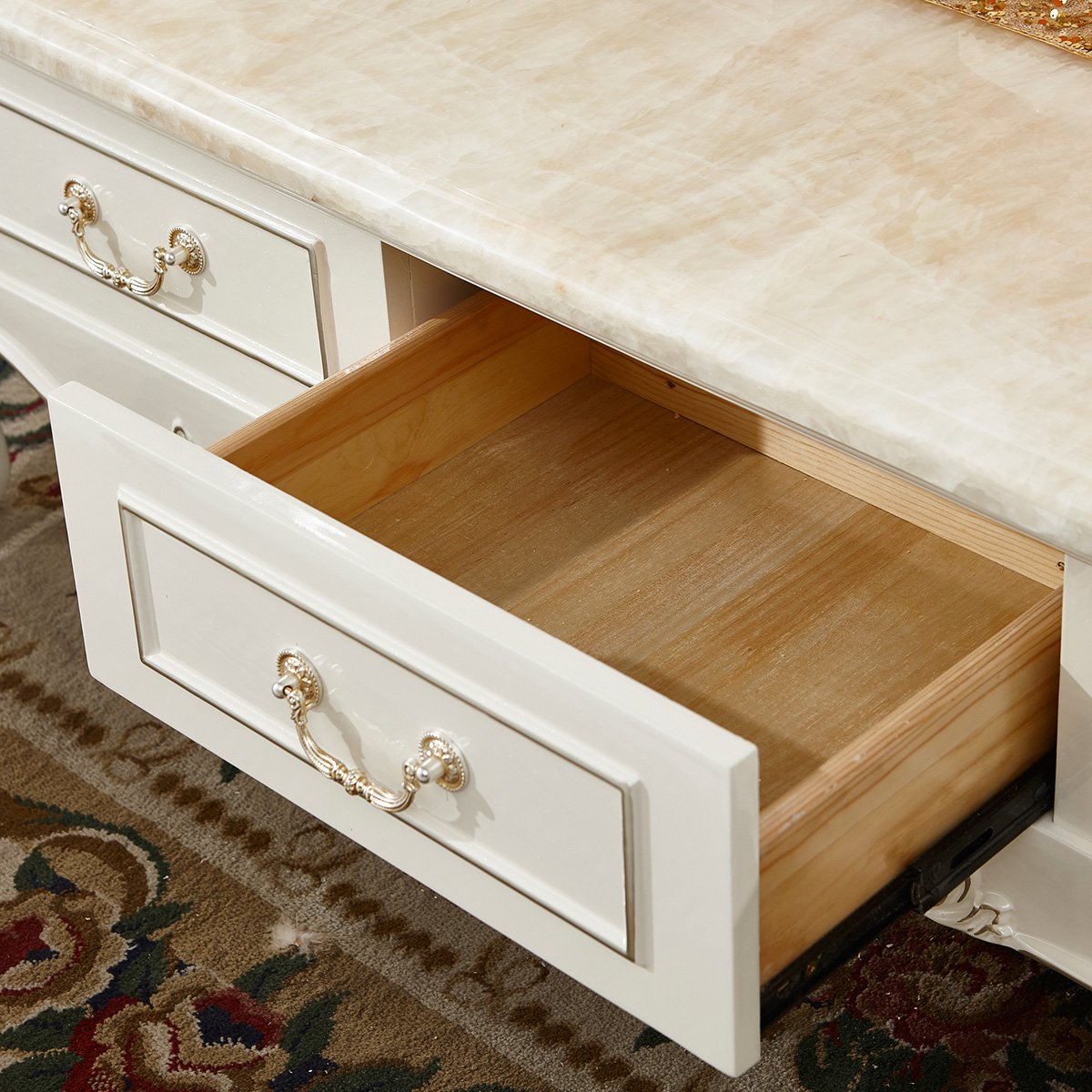 凯哲家具特卖旗舰店(旧) 天然白松大理石茶桌 实木雕花茶几 三抽储物