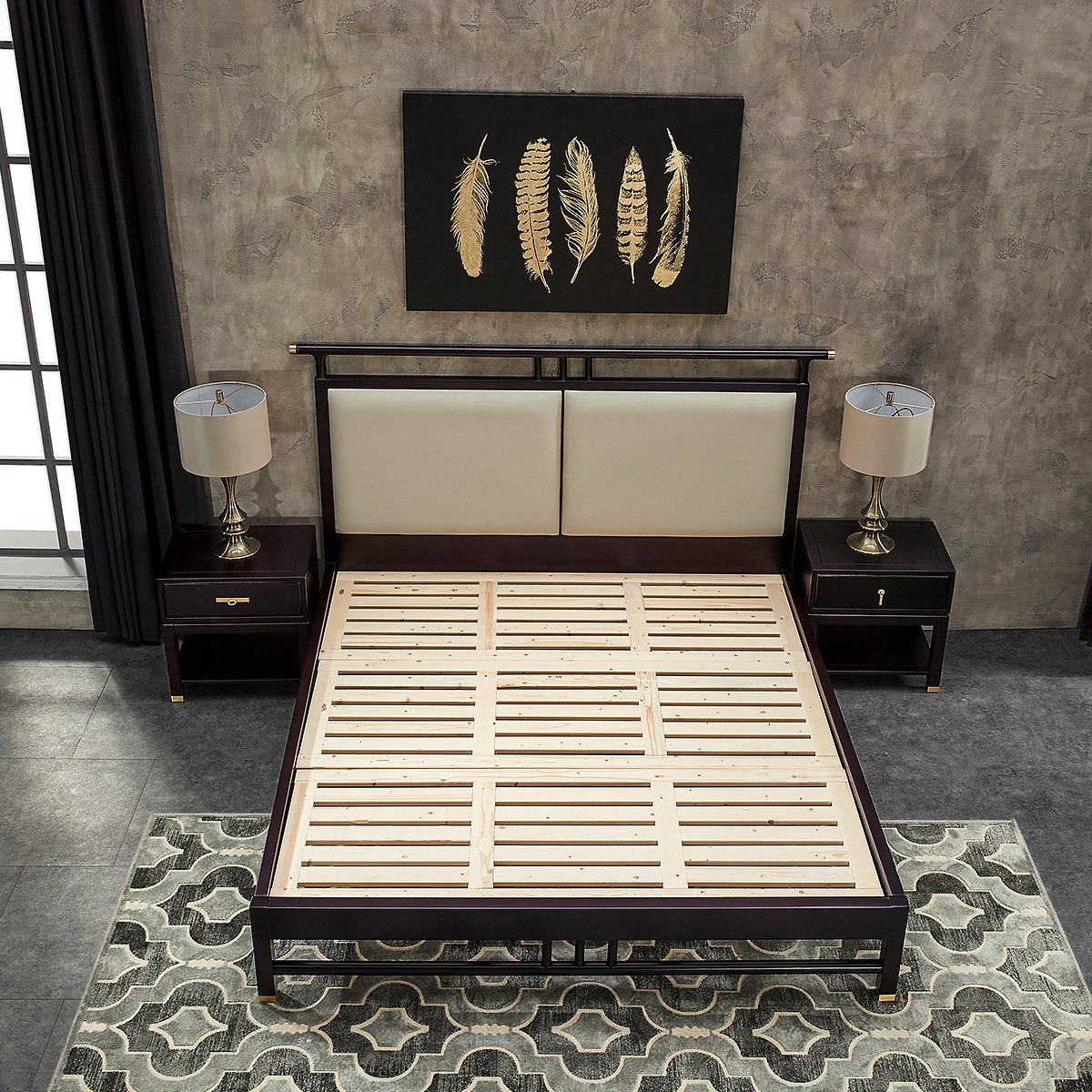 疏野新中式卧室双人实木床软包靠背大床实木双人床