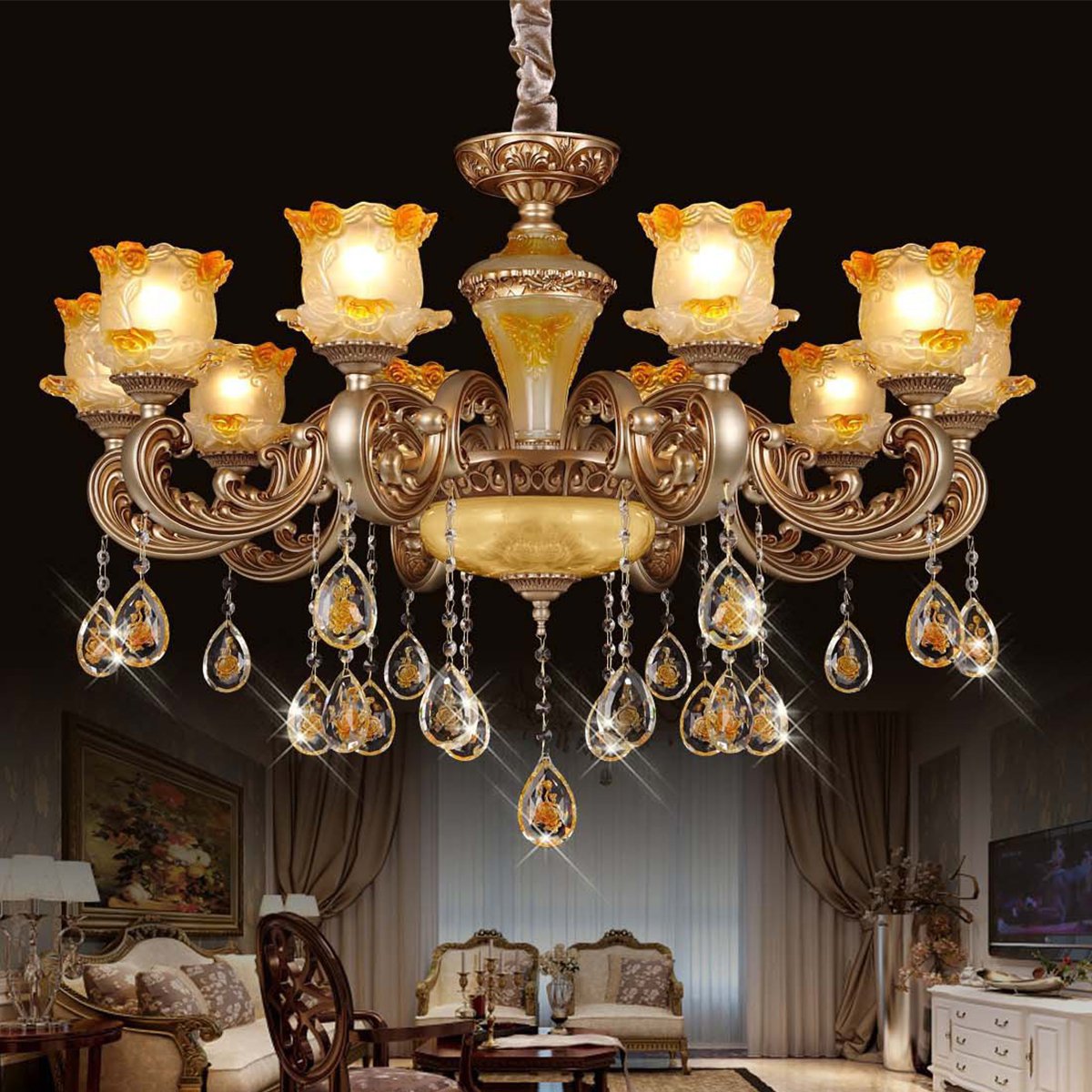 欧式水晶吊灯玫瑰雕花客厅灯餐厅卧室三色光灯具复古田园灯饰