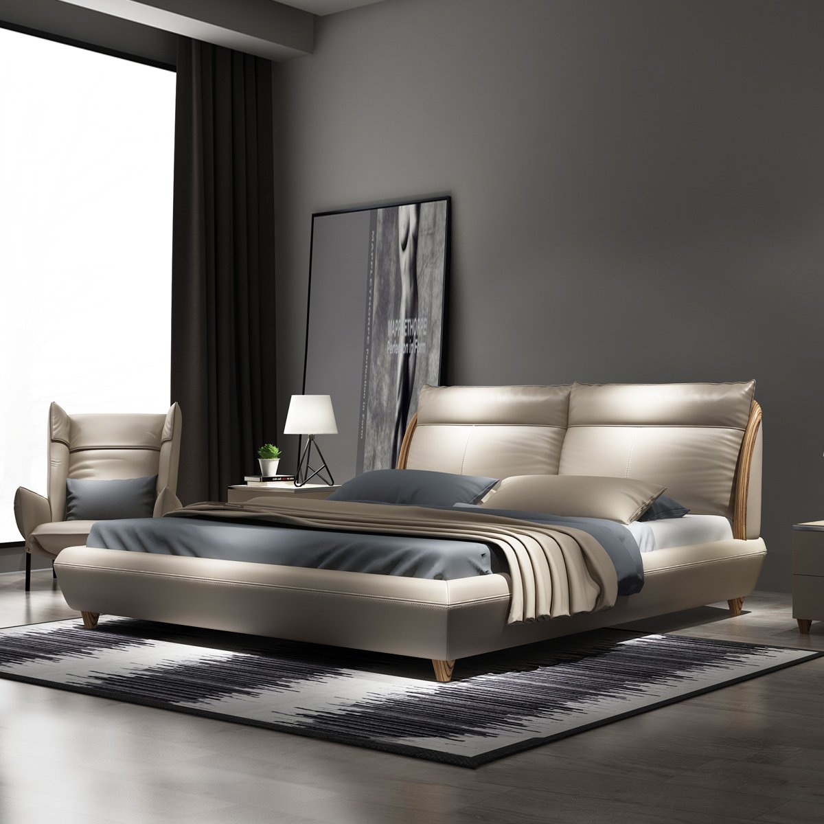 北欧风情皮床 实木框架双人床现代简约婚床主卧床