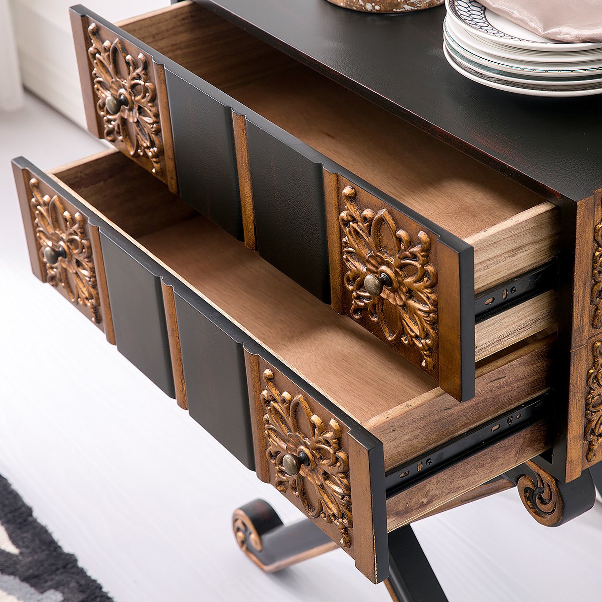 uvanaccent彩绘现代中式实木客厅交叉脚储物二斗柜