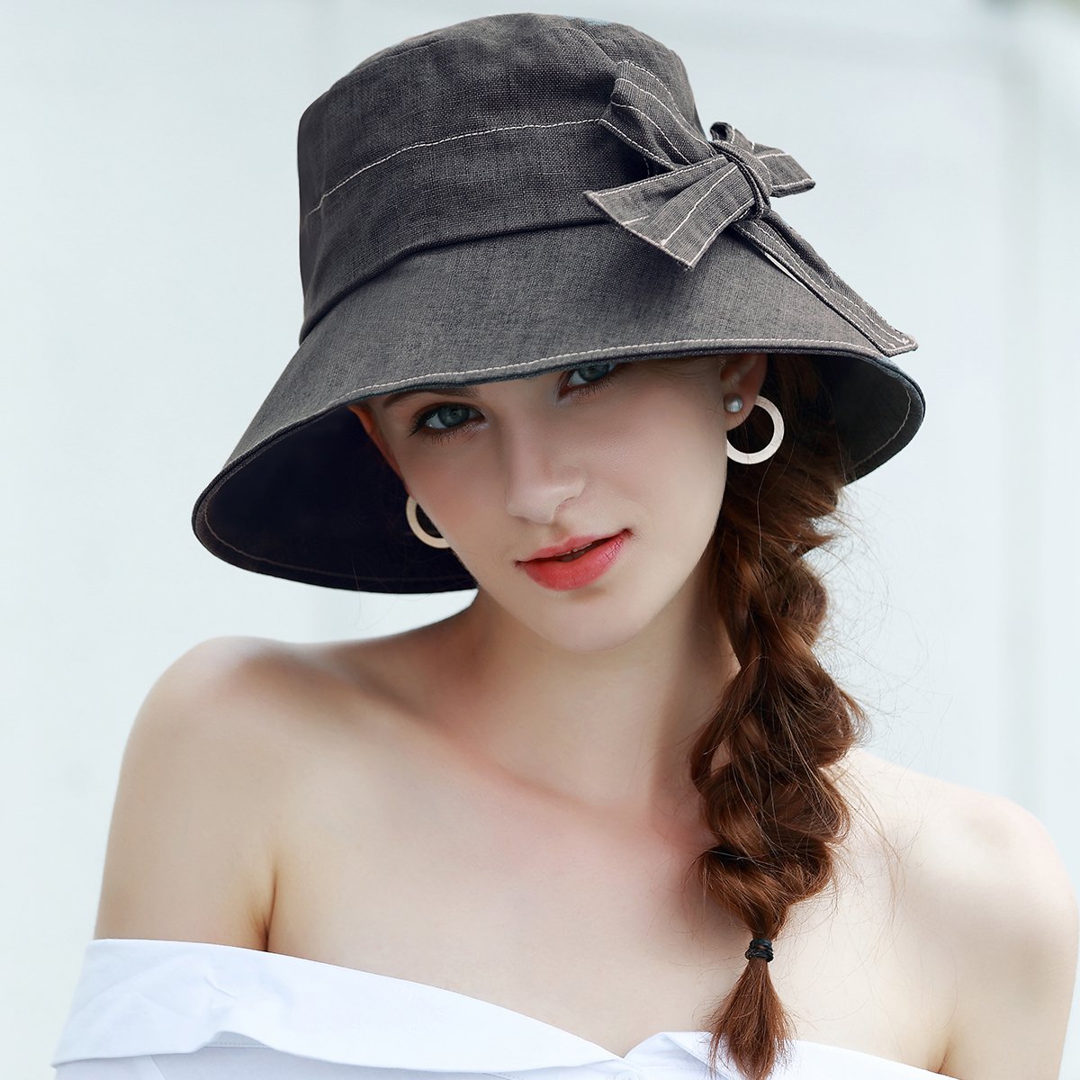 2018年夏季女式帽子休闲大蝶结棉麻大檐防晒布帽