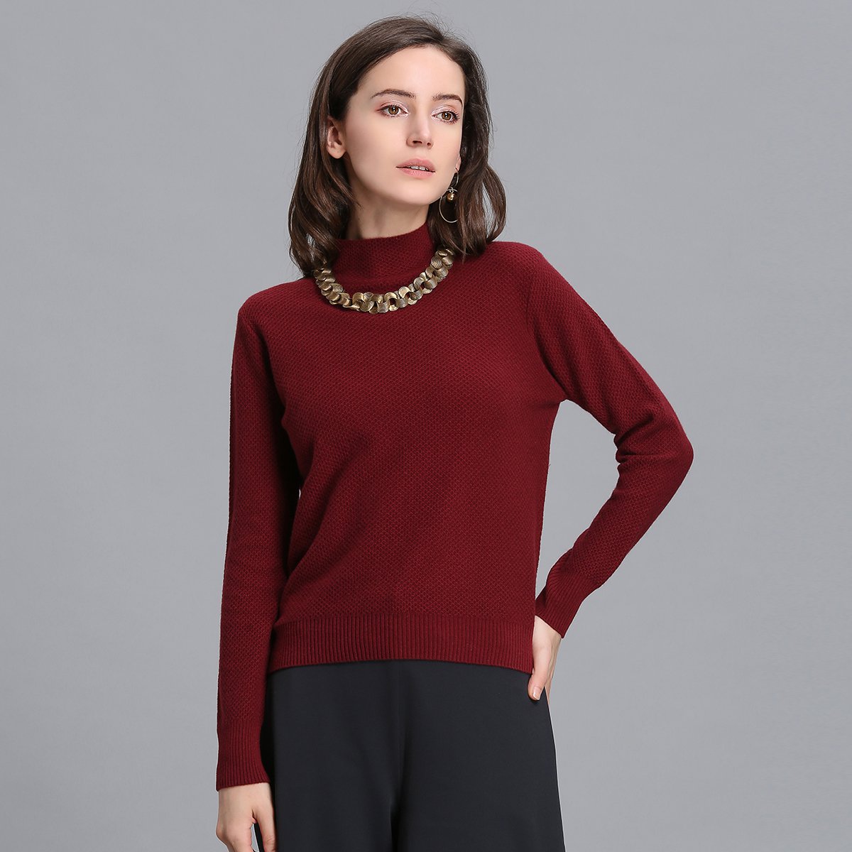 恩佐秋冬长袖套头女款100%羊绒衫半高领通勤保暖显瘦女式羊绒衫wp