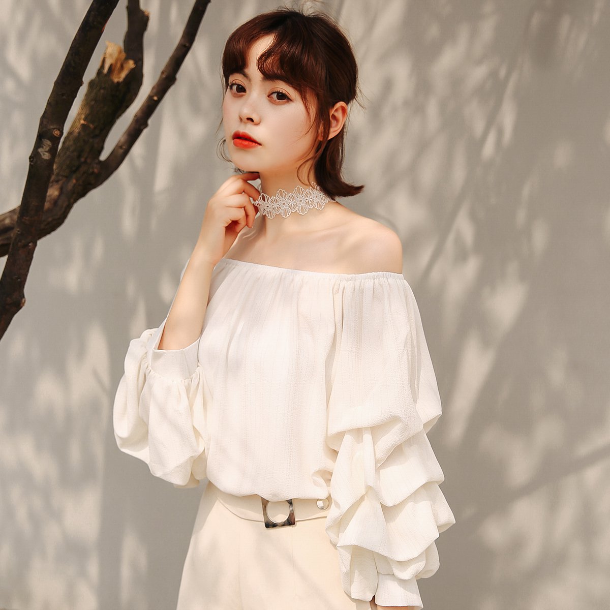 夏季款韩版泡泡袖灯笼袖一字肩宽松显瘦淑女气质雪纺女衬衫