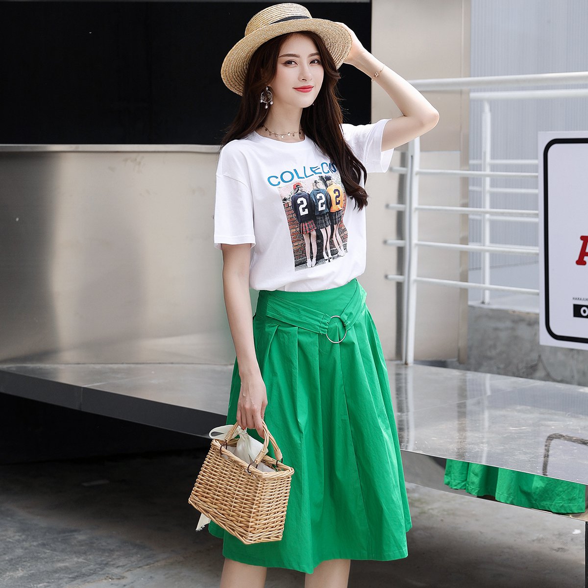 韩版印花短袖t恤女高腰a字半身裙时尚套装