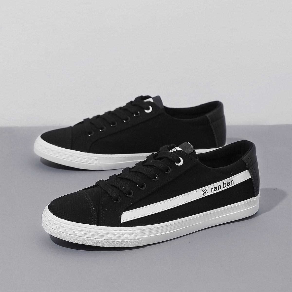 人本帆布鞋 男款休闲透气系带板鞋 平底舒适