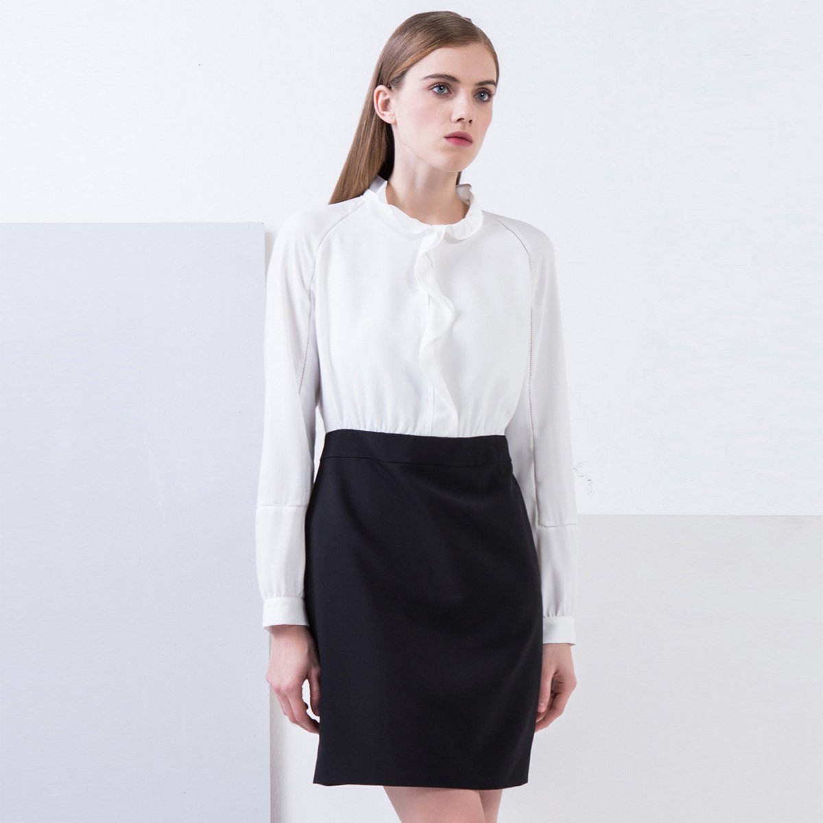 g2000女装专场 g2000女款荷叶边连衣裙 春夏ol风格立领假两件职业短裙