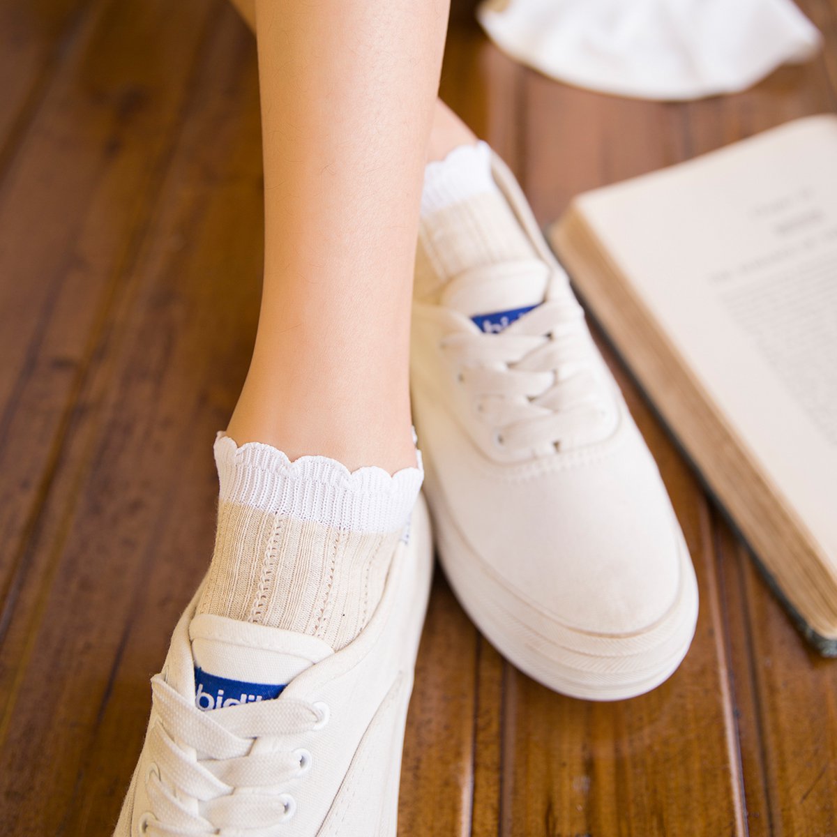 5双装撞色荷叶边低帮女士棉袜