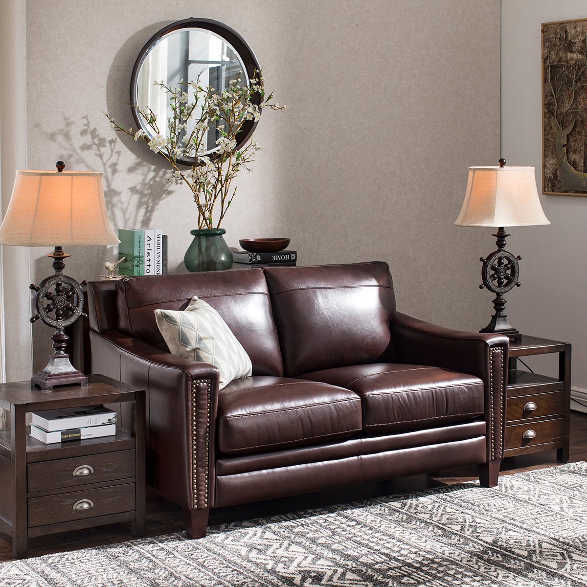 soho苏荷美式乡村实木单人2人3人位头层牛皮舒适皮沙发