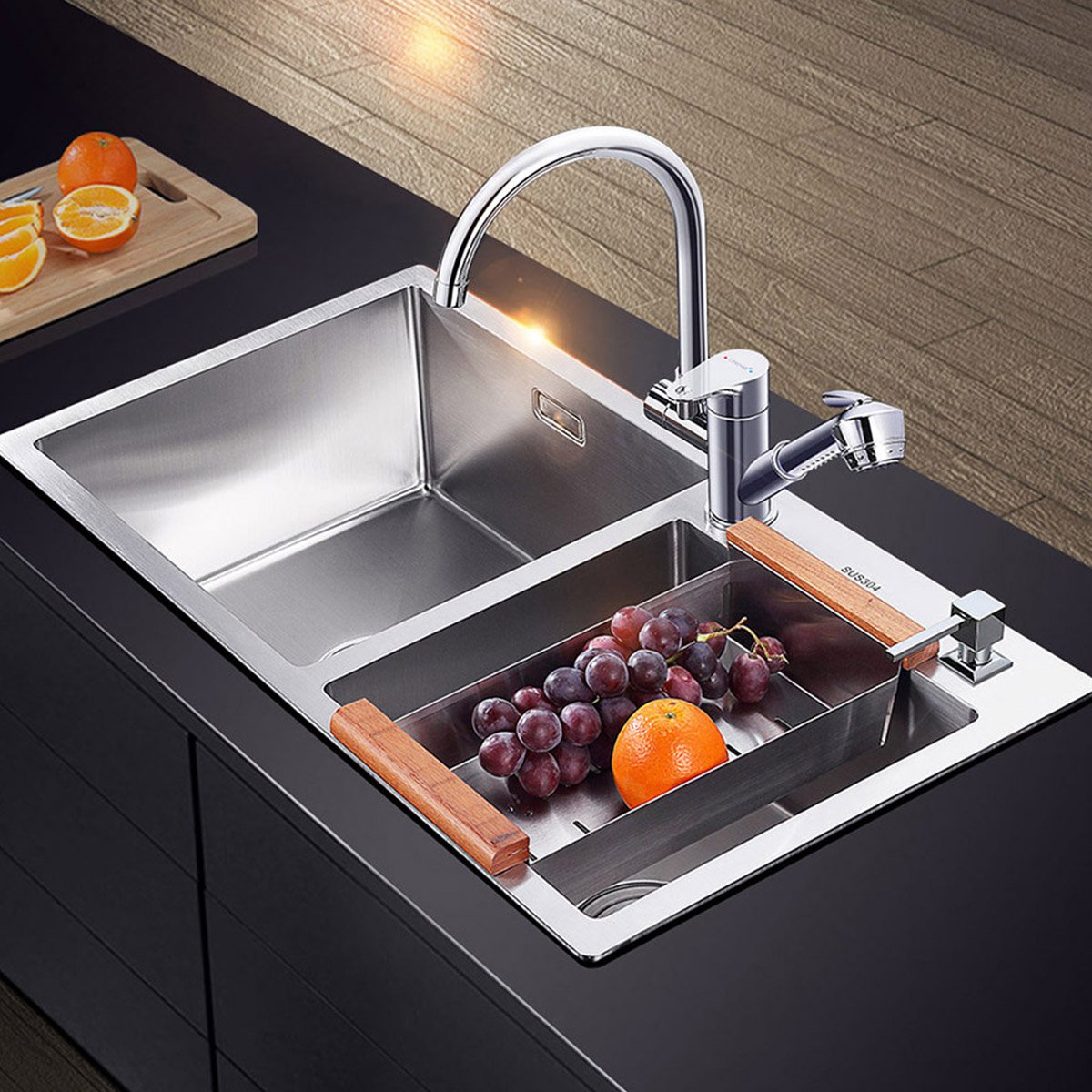 蓝藤9918手工水槽双槽套餐厨房厨盆 304加厚拉丝不锈钢洗菜盆双槽