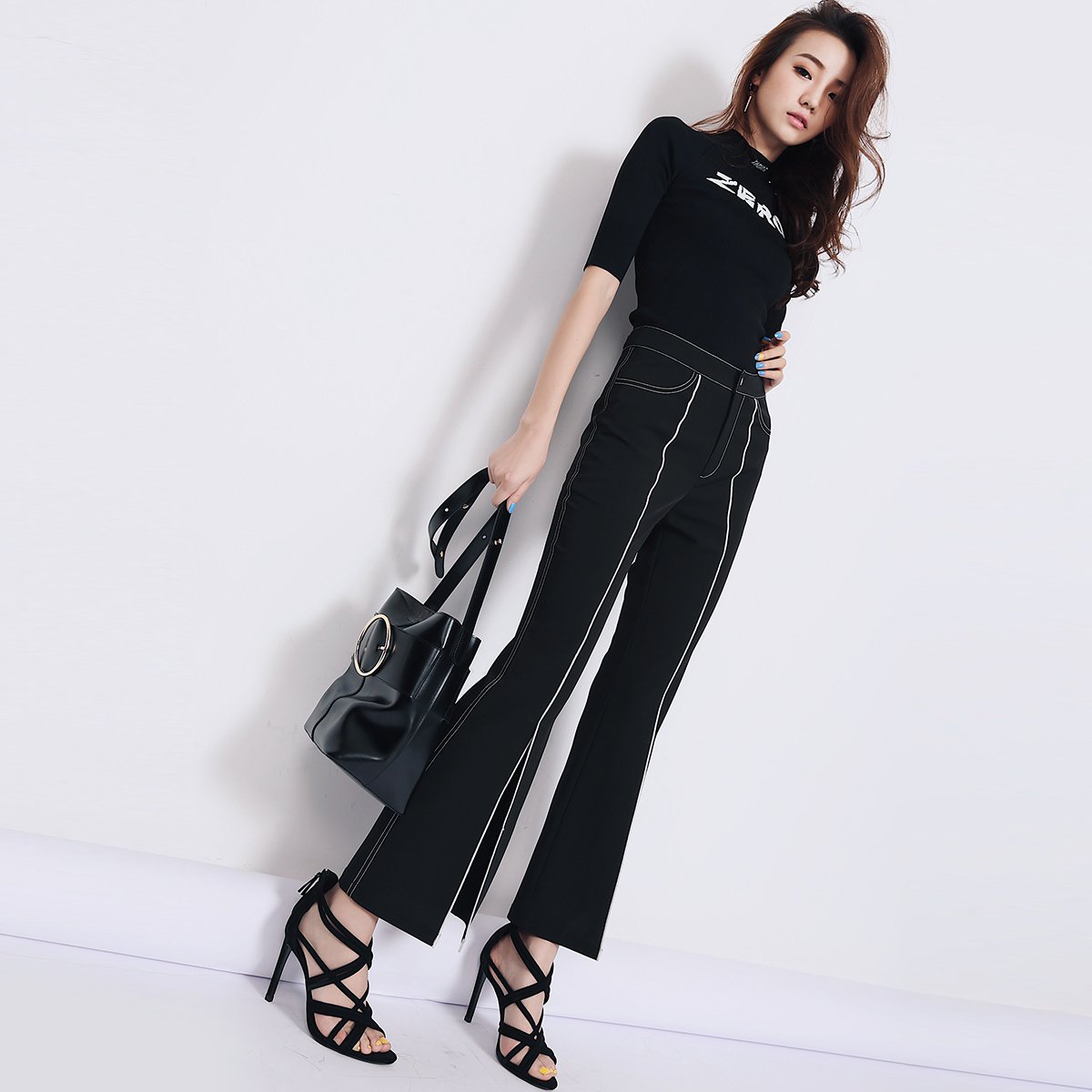 女款复古修身高腰开叉喇叭裤