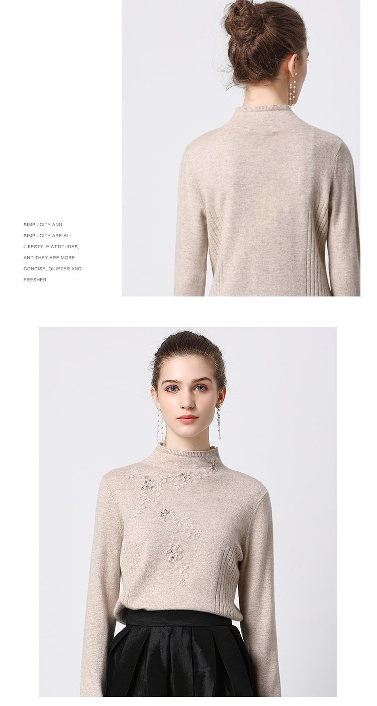 恩佐秋冬修身中年女款100%羊绒衫半高领经典绣花优雅女式羊绒衫wp
