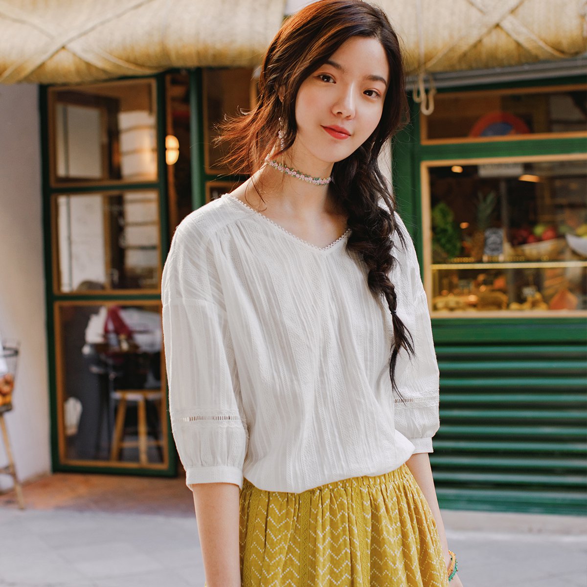 女装通勤文艺v领花边v领纯棉泡泡七分袖衬衫女宽松套头衬衣遮肉显瘦多