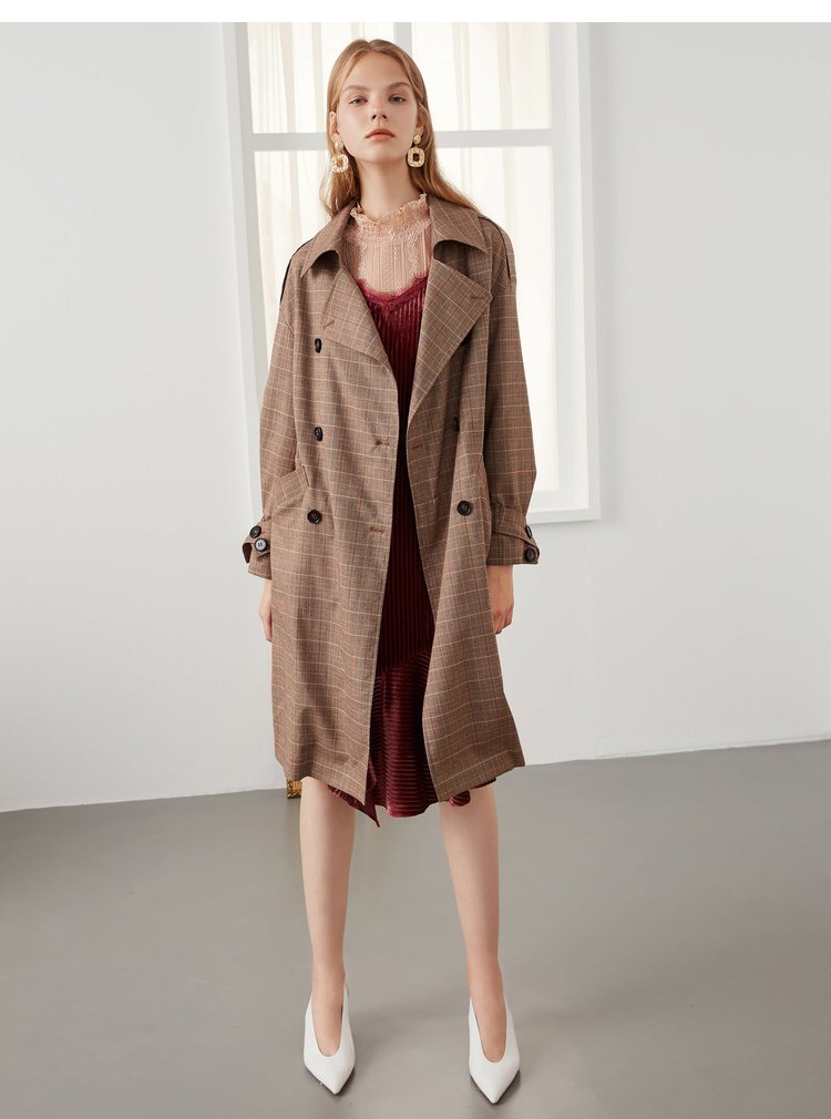 韩版中长款复古英伦风格纹风衣