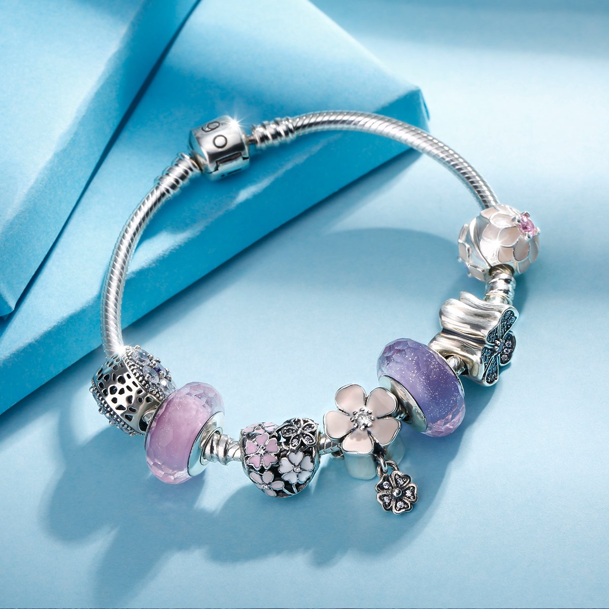 紫色琉璃超仙甜美花朵s925银珠串手链手镯diy情人节礼物