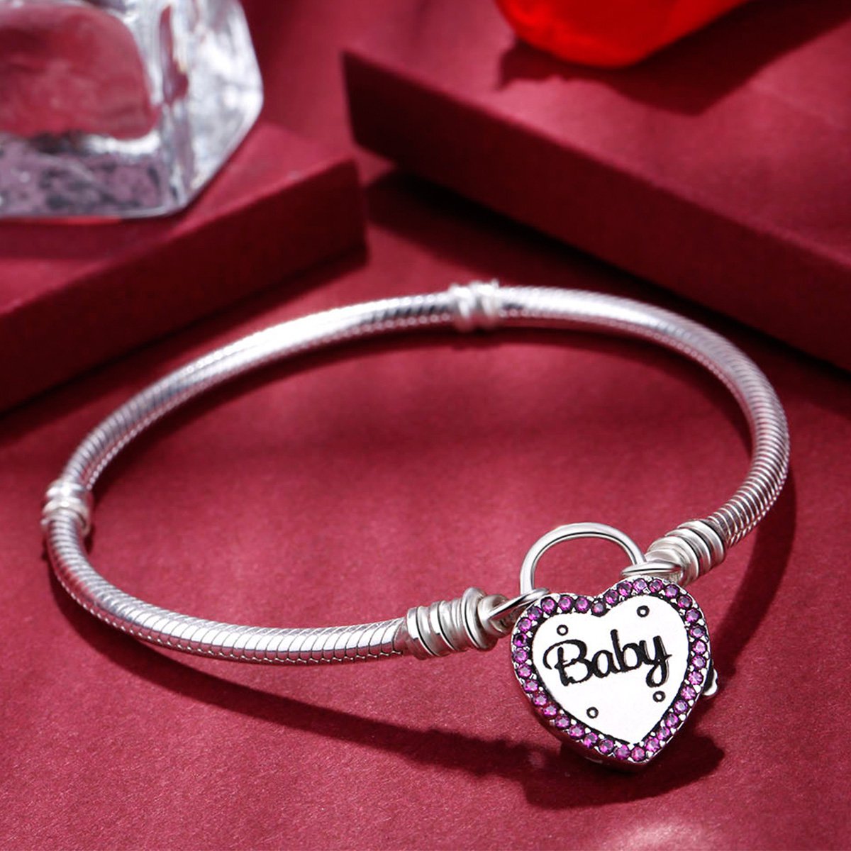 agovski925银爱心手镯 diy简约搭扣闺蜜手环情人节礼物送女友可串珠