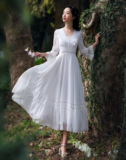筱姿夏季女装连衣长裙复古蕾丝连衣裙雪纺仙女显瘦连衣裙长袖纯白色