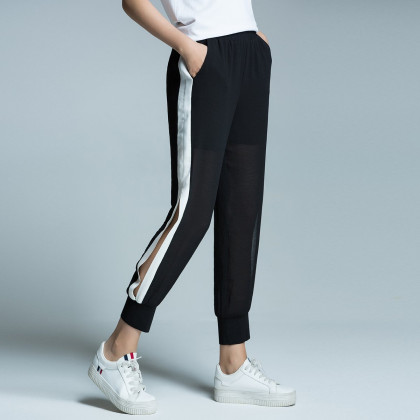 2018夏季新款镂空侧边开叉松紧裤脚休闲裤