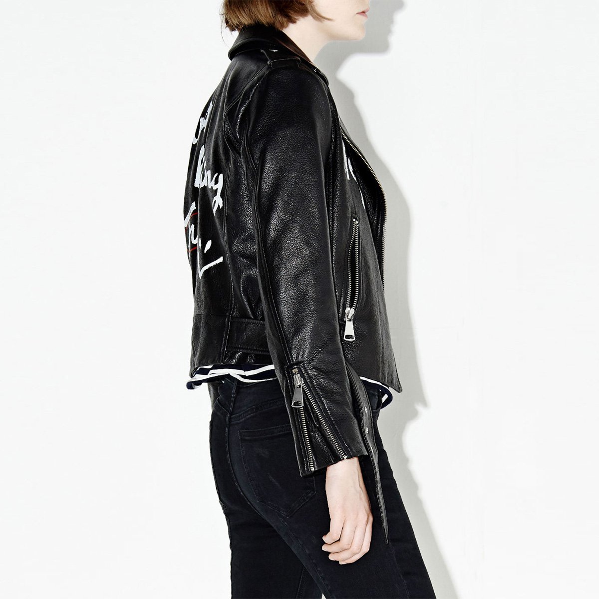 摇滚风皮衣外套潮酷短款翻领字母涂鸦长袖