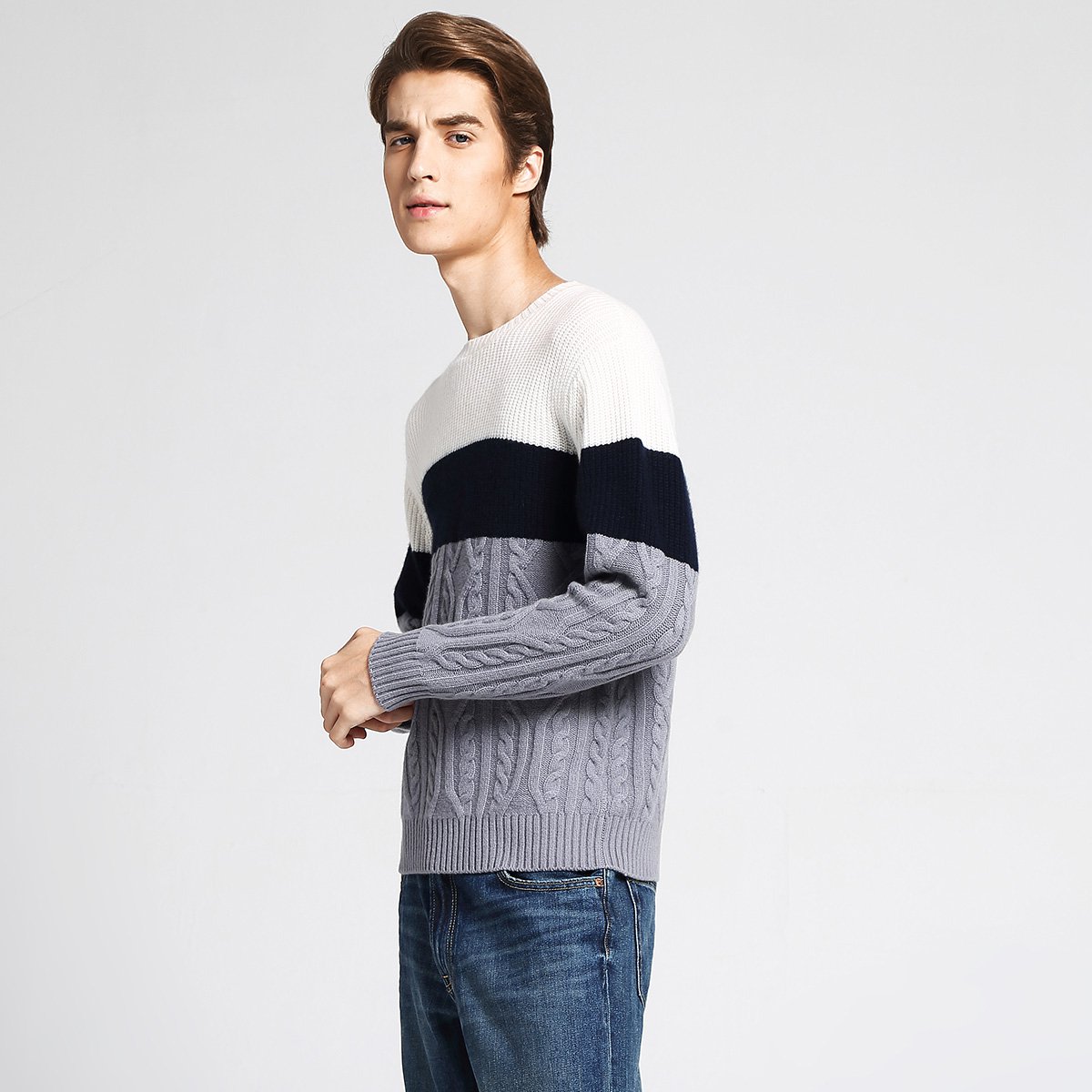 皮皮狗100%山羊绒圆领撞色男套衫毛衣针织羊绒衫