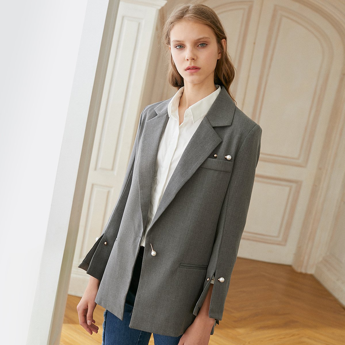 欧芮儿秋装新款宽松百搭显瘦翻驳领长袖女短款女装外套深