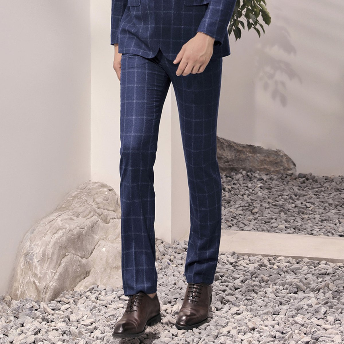 依文男士西服套装 结婚 纯羊毛西裤男大格子西装裤 青年 eb770092