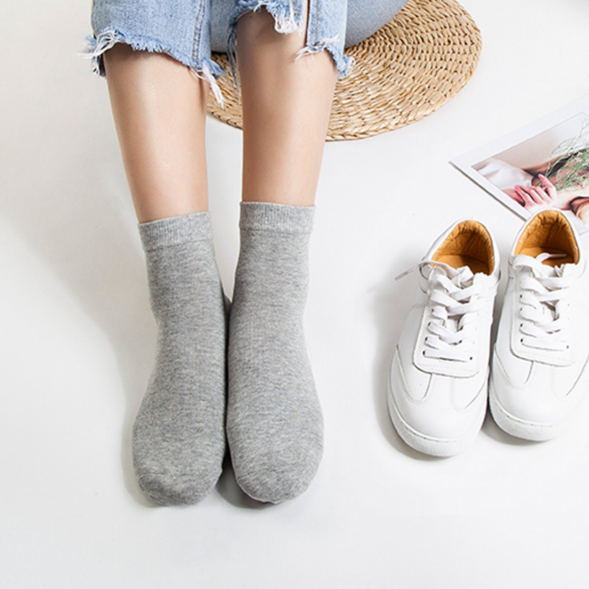 唯品特惠女袜 3双装 简约纯色百搭四季棉袜女士中筒短袜子