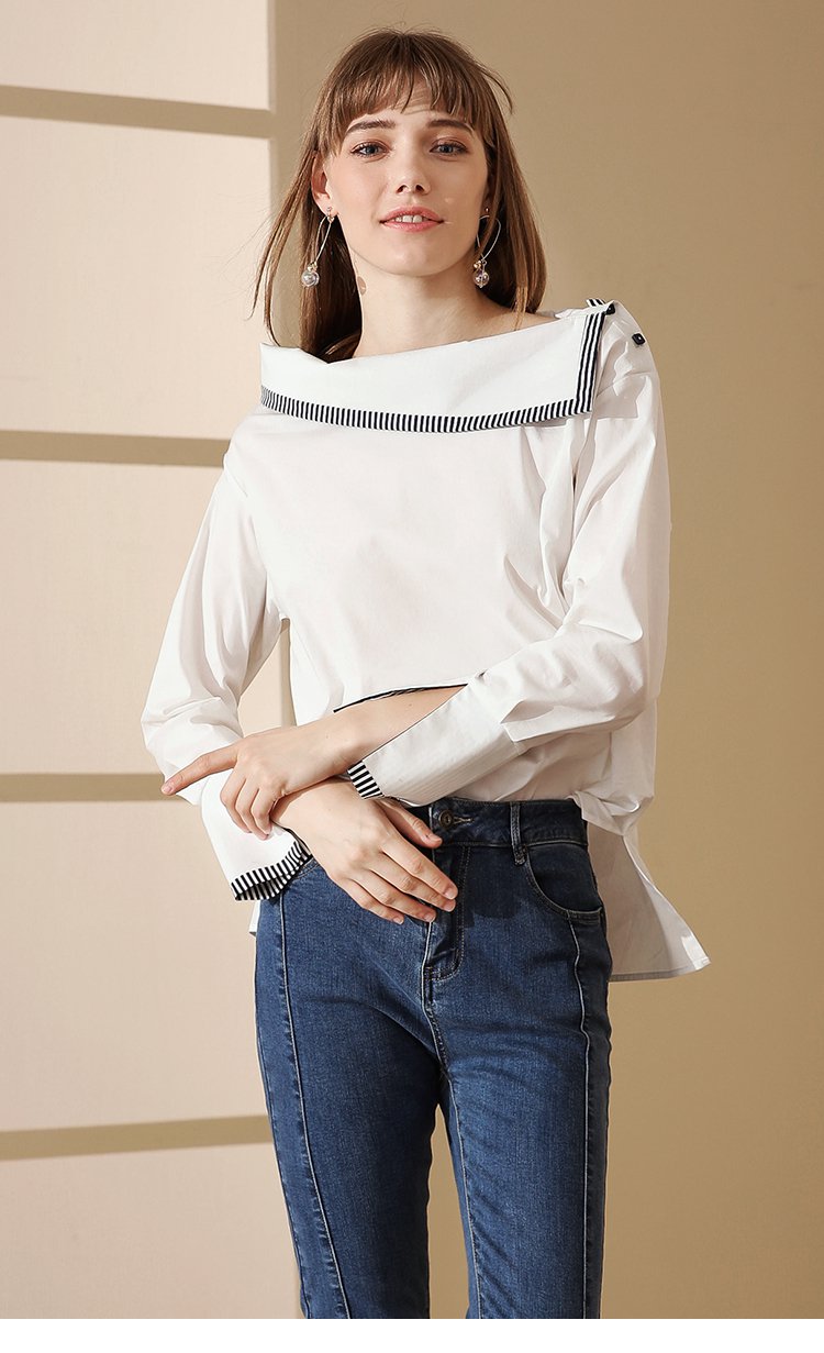 洛诗琳2018新品简约气质斜领散口长袖女式衬衣衬衫