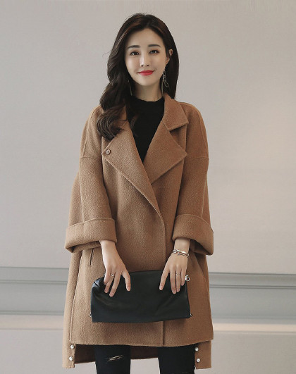 翻领暗扣翻边袖前短后长中长款毛呢大衣