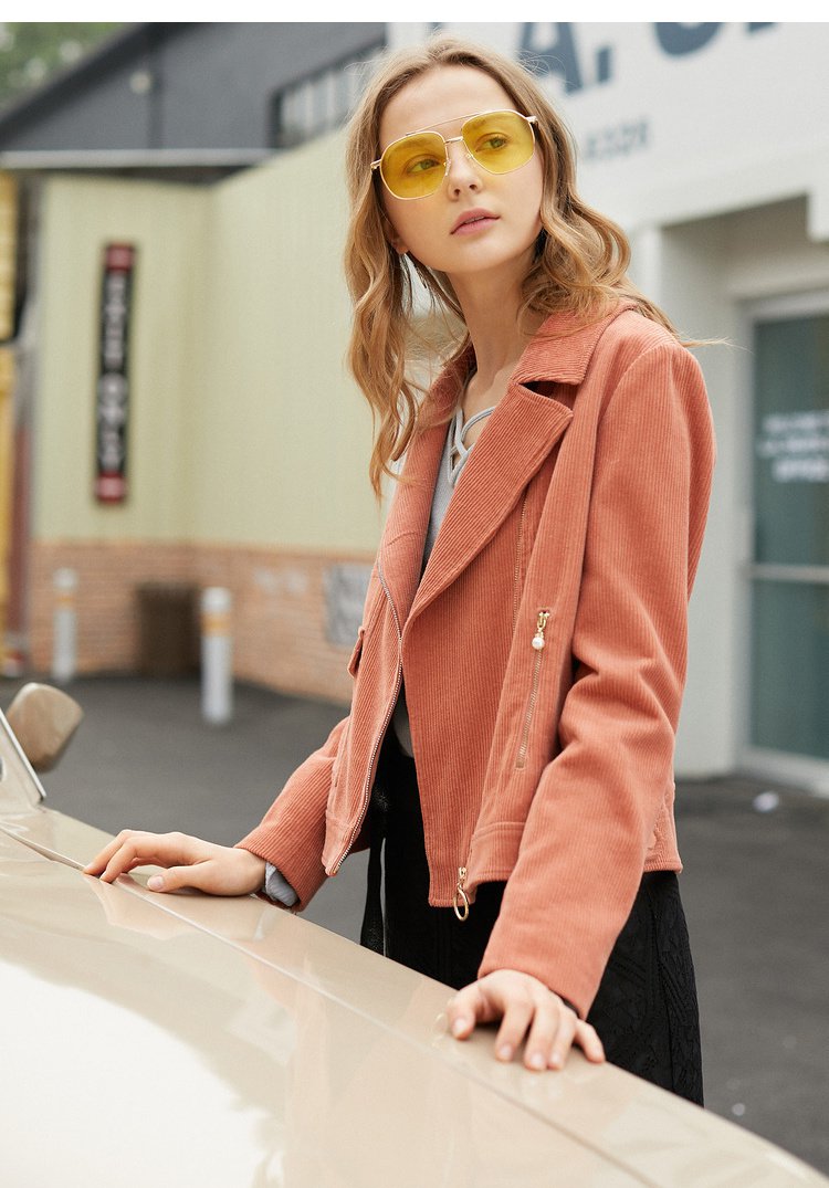 欧芮儿olrain2018秋装新款女装个性街头拉链装饰翻领时尚酷长袖外套橘