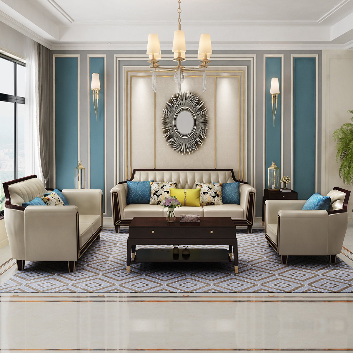 沙发轻奢美式沙发实木欧式真皮头层牛皮描金123组合客厅整装