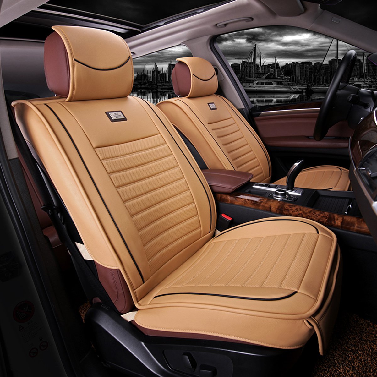 简约风尚皮革四季通用汽车坐垫座套(米色)