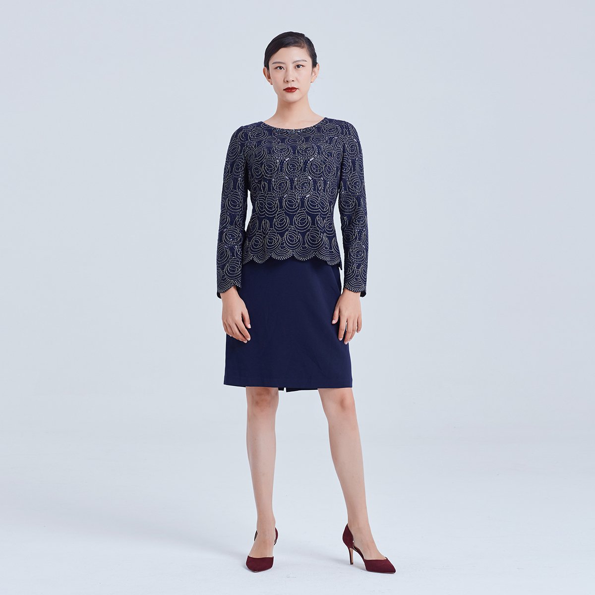 meiermei/玫而美时尚修身版型气质花拼素连衣裙