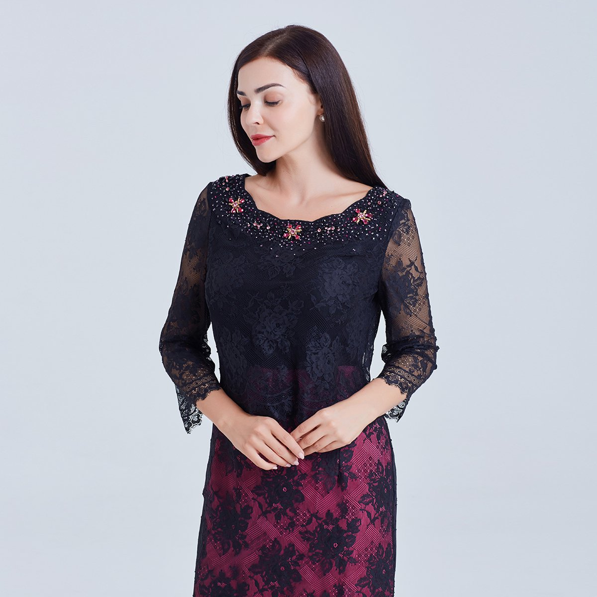 meiermei/玫而美时尚收身蕾丝拼接连衣裙