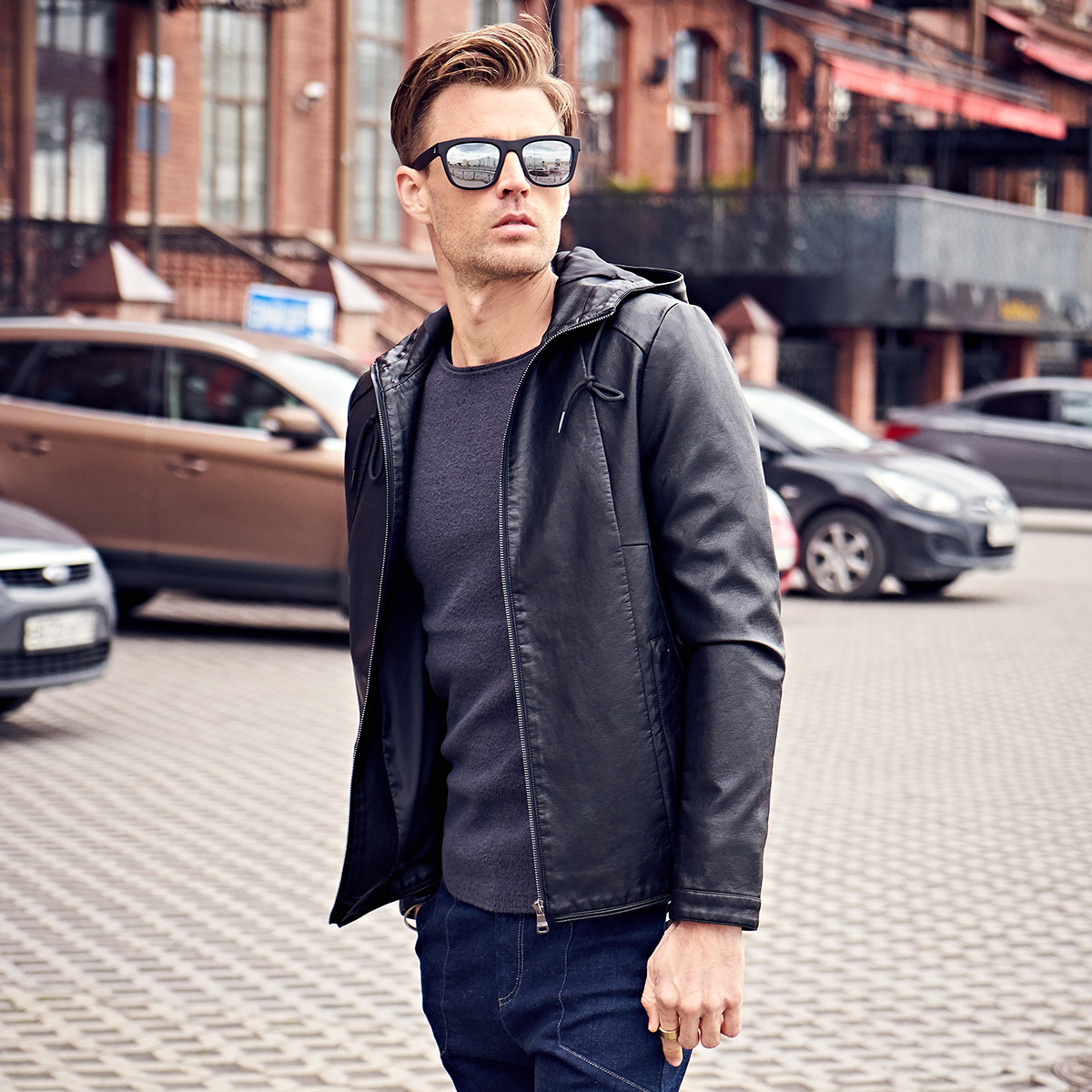 英爵伦 男式时尚潮牌修身青年 连帽皮衣 带帽帅气潮流皮夹克外套
