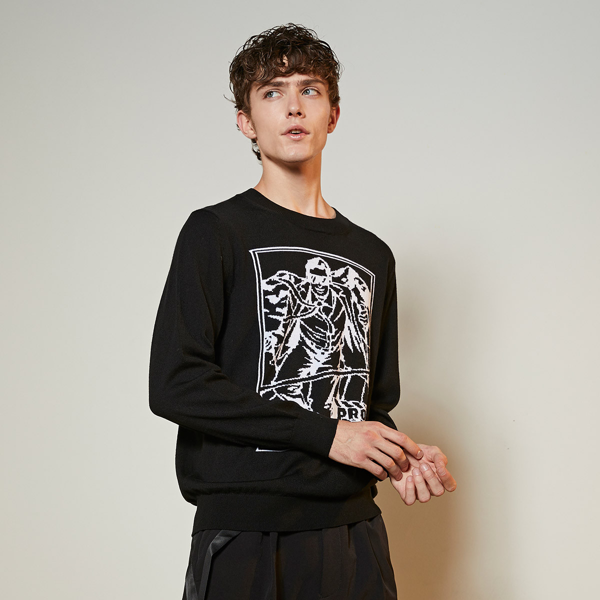 安正男装冬装时尚休闲潮流圆领长袖黑色男士羊毛衫